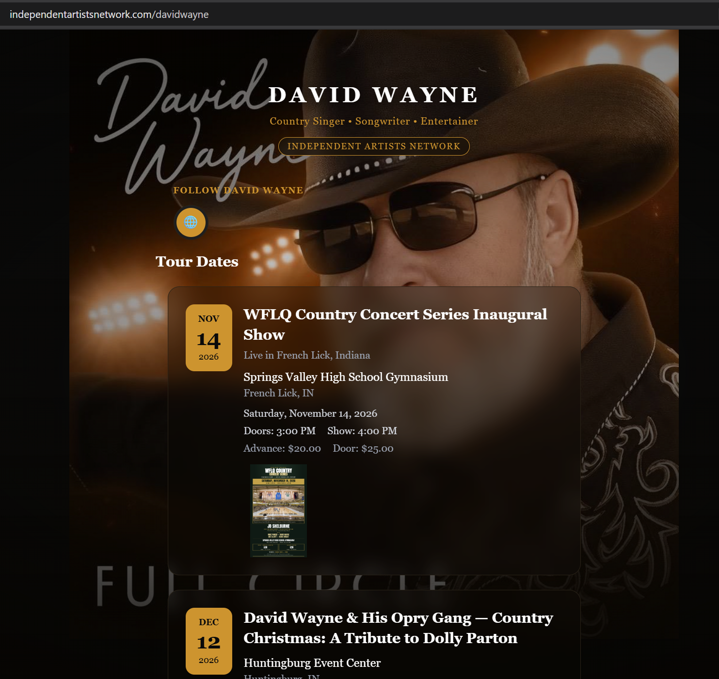 David Wayne’s IAN artist website, showing his country artist branding and tour dates.
